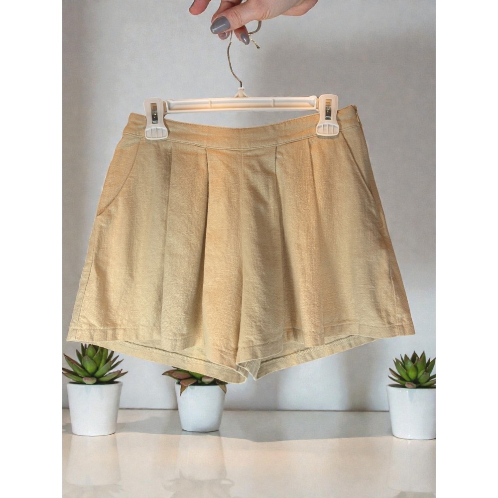 Linen Blend Pleated Tailored Shorts Women's M Side Zip Beige Preppy Minimalist